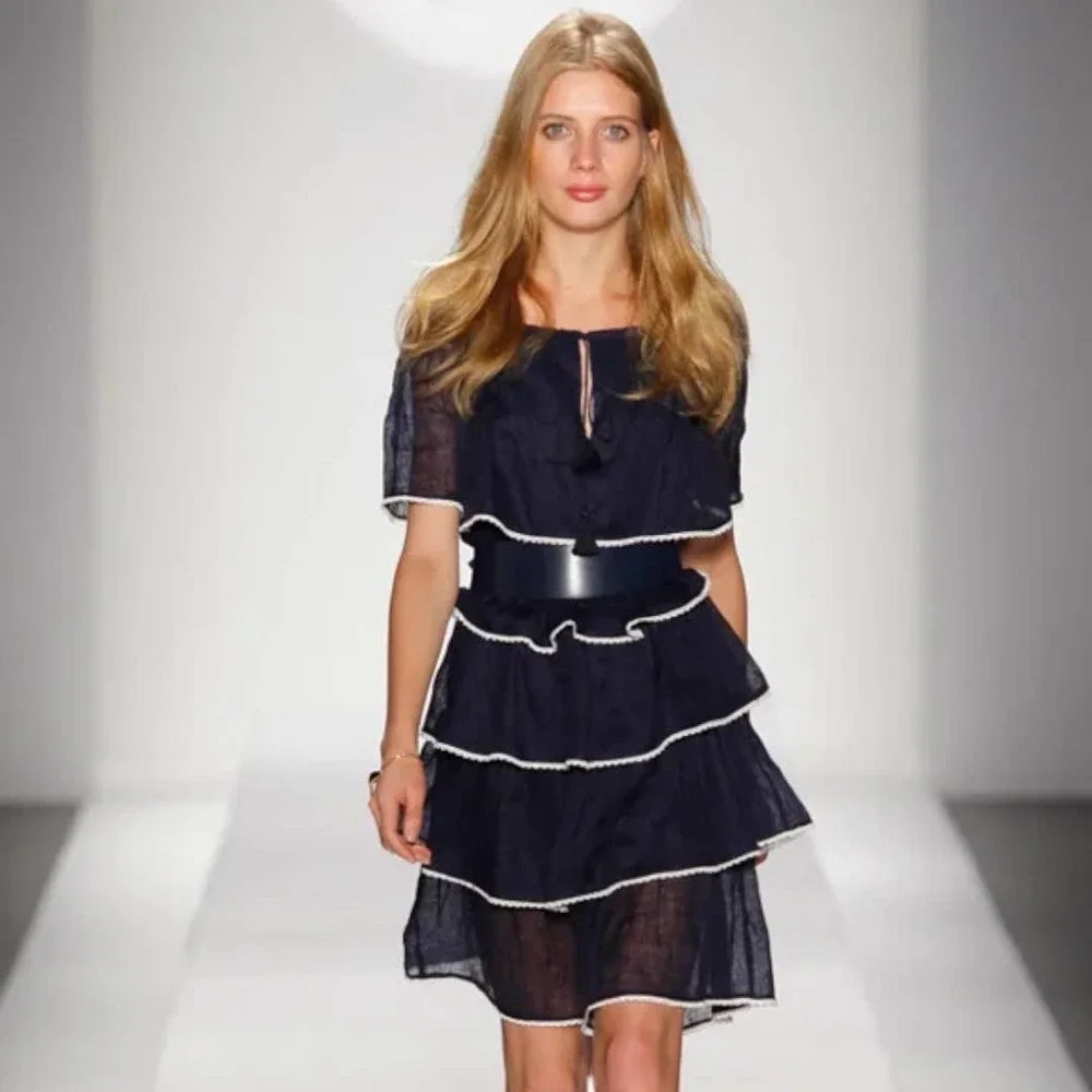 Tory Burch Navy Tiered Midi Dress with White Trim